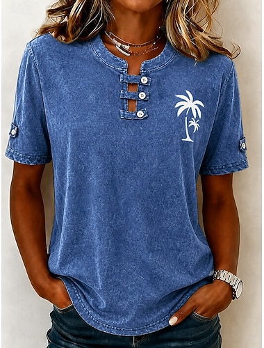  Maglietta Henley da donna Softfade™ in 100% cotone stile vintage - top basic a maniche corte con lavaggio morbido