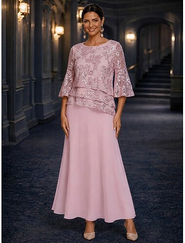  A-linje Kjoler Ankellengde Kjole til brudens mor 3/4 ermer Crew-hals Elegant Årgang Luksuriøs Bryllupsgjest Semi-formelt Chiffon Blonder med Paljett Fallende drapering