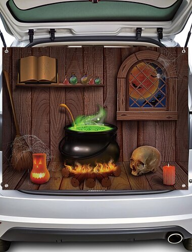  Zestaw dekoracji samochodowych „Trunk or Treat” na baner SUV, baner z zaklęciem „Czarownica” na tło do baneru na samochód SUV, drzwi garażowe, dekoracja na imprezę w nawiedzonym domu na Halloween