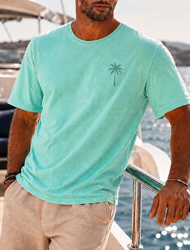  Herren Palmblatt Kokospalme Acid-Wash-Shirt Schweres T-Shirt Kurzarm T-Shirt DTG Rundhalsausschnitt Hemd Hawaiianisch Täglich Ferien Blau Purpur Grün Frühling & Sommer Bekleidung S M L XL XXL