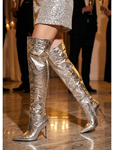  Dameslaarzen in metallic zilver - gekreukte overknee stilettohakken met spitse neus voor cocktailparty's en sexy avondgala's