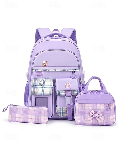  Set di 3 zaini da ragazza resistenti all'acqua, ideali per la scuola, con borsa per il pranzo. &Astuccio, borsa per libri in poliestere di grande capacità con molte tasche, design di sicurezza