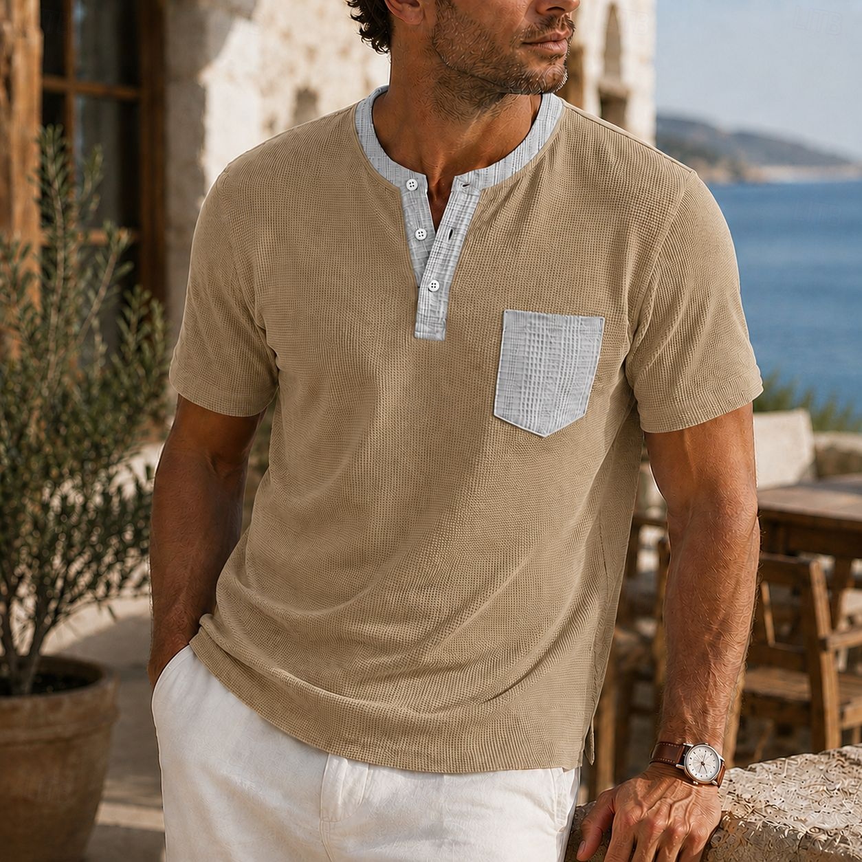  Herr Waffle Henley Shirt Kortärmad Ensfärgat Elegant Semester Ledigt Färgblock Henley krage Ledigt Vår & sommar Sommar Vår Kaki Svart Vit Henley T-shirt