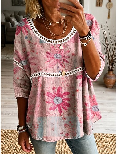  Dame Bluse Knapper Trykt mønster Blomstret Grafisk Elegant Ferie Årgang 3/4 ermer Crew-hals Vanlige topper Avslappet Kakifarget Rosa Grønn Sommer Vår