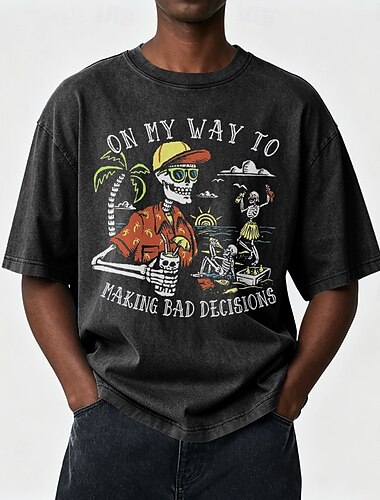  Voor heren Doodskoppen Kokospalm Acid Wash-shirt Zwaargewicht T-shirt Korte mouw T-shirt DTG Strakke ronde hals Overhemd Hawaii Retro vintage Dagelijks Feestdagen blauw Zwart Leger Groen Lente zomer