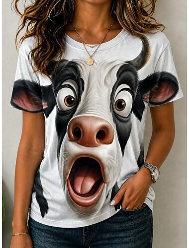  Dam T-shirt Färgblock Mönster Grafisk Djur Ko Vintage Stylish Klassisk Kortärmad Rund hals Vanliga toppar Ledigt Dagligen Blå Vit Grön Sommar Vår