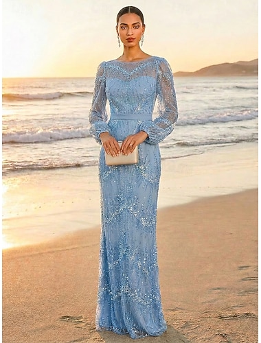  Linjeform Gulvlengde Kveldskjoler Elegant Glitrende Empire midje kveld Langermet Crew-hals Aftenselskap Bryllup Tyll Charmeuse med Glimmer Paljett Perlebrodert