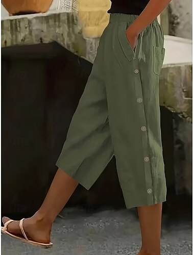  Damen Caprihose Gerade Alltagstauglich Komfort Wadenlang Hohe Taille Einfarbig Patchwork Tasche Knopf Komfort Unelastisch Lässig Urlaub Schwarz Marineblau Braun Militßrgrün Sommer Frühling Lässiger
