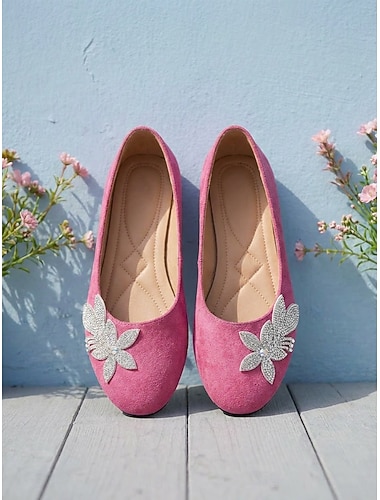  Dames ballerina's met roze bloemenprint – ronde instapschoenen met zachte, gevoerde binnenzool, lichtgewicht, flexibele zool en een bloemaccent met strasssteentjes, ideaal voor op reis, naar de kerk
