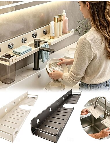  Étagère de robinet en forme de U, organisateur de lavabo à ventouses 16/20 pouces, support mural en acier au carbone à fixer au-dessus du robinet, amovible et peu encombrant &rangements sans perçage
