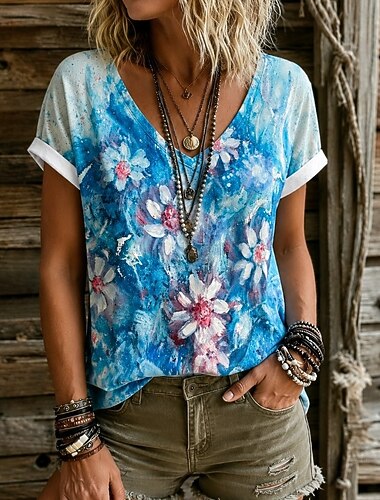  Pasen Dames T-shirt Afdrukken Bloemig Grafisch Planten Elegant Stijlvol Klassiek Korte mouw V-hals Normale tops Casual Dagelijks Sport blauw Zomer Lente