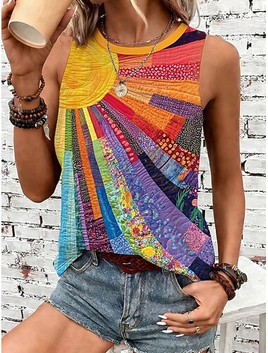  Mujer Camiseta sin mangas Graphic Geométrico Vintage Elegante Casual Sin Mangas Cuello Barco Tops regulares Casual Diario Blanco Amarillo Naranja Verano Primavera