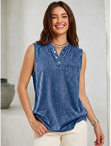  Naisten 100% Cotton Henley-paita Pesty Happopesu Vintage-käsittely Vintage Muoti Tyylikäs Hihaton Raglan-hihat Henley Tavalliset topit Kausaliteetti Hiekkaranta Sininen Purppura Oranssi Kesä Kevät