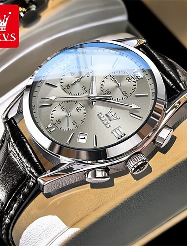  Olevs Herren-Luxusuhr, schwarzes Lederarmband, Chronograph, wasserdicht, Leuchtzeiger, analoge Quarz-Armbanduhr mit Datumsanzeige, Business- und elegante Herrenuhr, Geschenkidee