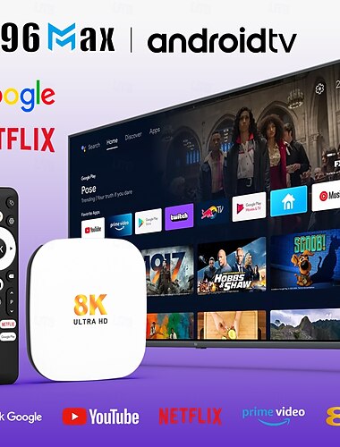  h96 max android 14 tv-boks 8k ultra hd smart streaming mediaspiller, Google Assistant stemmefjernkontroll, støtter Netflix YouTube Prime Video Google Play, hvit 8k uhd hjemmekino videoboks