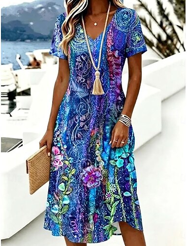  Damen Knielanges Kleid T-Shirt-Kleid A Linie Kleid Urlaub Lässig Boho Strand Normale Passform Blumen Grafik Kurzarm V Ausschnitt Blau Weiß Purpur Sommer Frühling