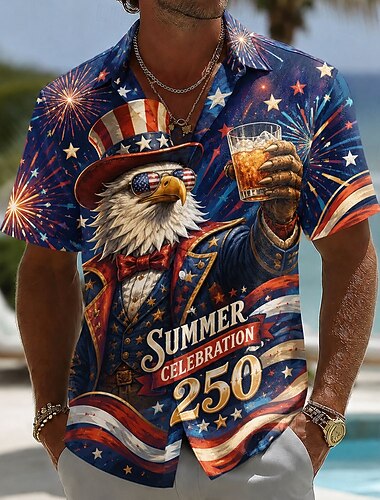  4 luglio 2026 250° Per uomo Aquila Bandiera Americana Camicia Camicia Estiva Camicia con Bottoni Manica Corta Patriotico All'aperto Festival Estate Primavera Collo ripiegato Stampa 3D camicie con