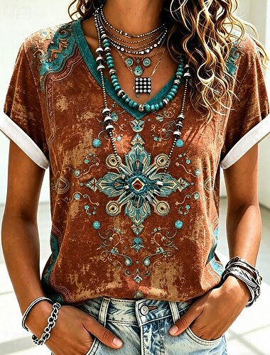  Amerikaanse onafhankelijkheidsdag Dames T-shirt Afdrukken Grafisch Amerikaanse vlag Vintage Stijlvol Klassiek Korte mouw V-hals Normale tops Casual Dagelijks Donker Bruin Bruin Groen Zomer Lente