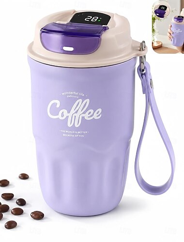  350 ml koffiebeker voor op reis met slimme temperatuurweergave, vacuümgeïsoleerde roestvrijstalen beker, lekvrije thermische koffiebeker met siliconen handvat, draagbare mok voor warme en koude