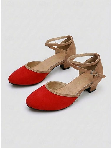  Dames zwarte vintage ballroomdansschoenen met kleurblokken - elegante pumps met lage hak en gekruiste enkelbandjes voor sociaal dansen, oefenen, lesgeven en optredens.
