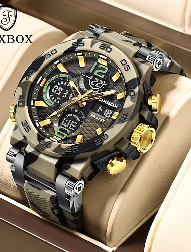  Orologio sportivo militare da uomo Foxbox, mimetico tattico impermeabile fino a 50 m, analogico digitale con doppio display al quarzo, sveglia, cronografo e datario, robusto orologio da polso per