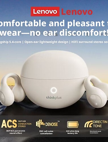  Lenovo ThinkPlus Open-Ear-Kopfhörer, Bluetooth 5.4, kabellose 360°-Stereo-Kopfhörer mit ACS-Technologie, geräuschunterdrückendem Mikrofon und 24 Stunden Akkulaufzeit für Sport und Laufen