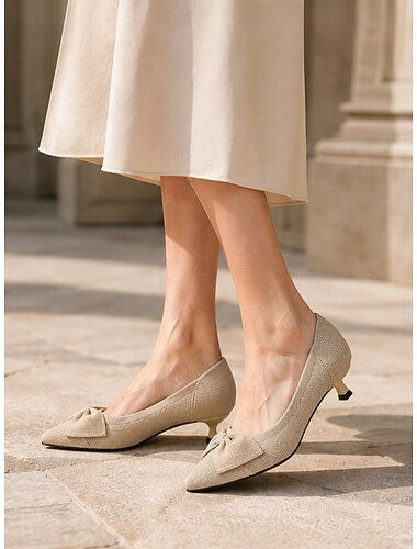  Décolleté beige da donna con tacco basso - scarpe basse in maglia con punta affusolata e fiocco, ideali per l'ufficio, gli spostamenti quotidiani e il business casual.