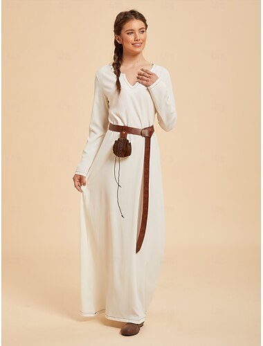  Set Rétro Vintage Médiéval Renaissance Maxi Longueur cheville Ceinture Taille Chemise Sacoche de Ceinture avec accessoires Viking Paysan Fourreau Colonne Col en V Déguisement Femmes Viking Halloween