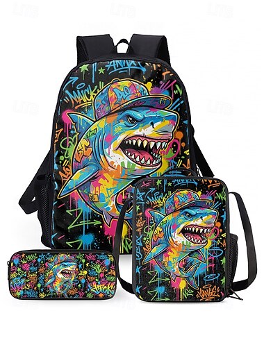  Conjunto de mochila escolar infantil com estampa de tubarão e grafite, 3 peças, em poliéster, com estojo. &Lancheira térmica grande com vários compartimentos, ideal para levar o almoço para a escola.