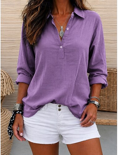  Per donna Camicie effetto lino Blusa Camicia in finto lino Bottoni Tinta unica Elegante Casual Manica 3/4 Scollo a V Top Regolari Quotidiano Bianco Verde chiaro Rosa Viola Estate Primavera Autunno
