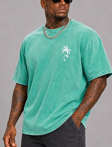  Heren T-shirt met palmblad- en kokosnootprint, Hawaïaans, 100% katoen, acid wash, zware kwaliteit, korte mouwen, DTG, ronde hals, modieus, dagelijks, vakantie, lente, zomer, kleding