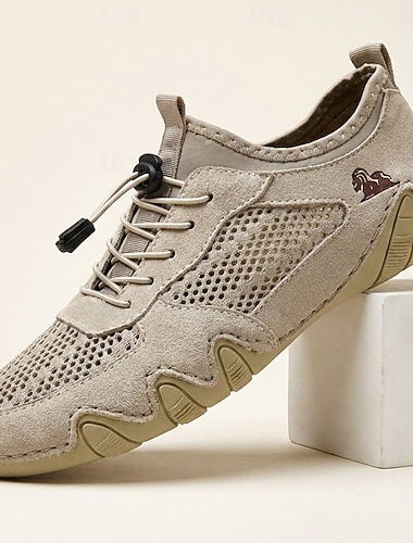  Beige herrskor i mesh för vandring, snörskor för utomhusbruk, lätta, halkfria promenadskor för resor, camping, vardagsbruk