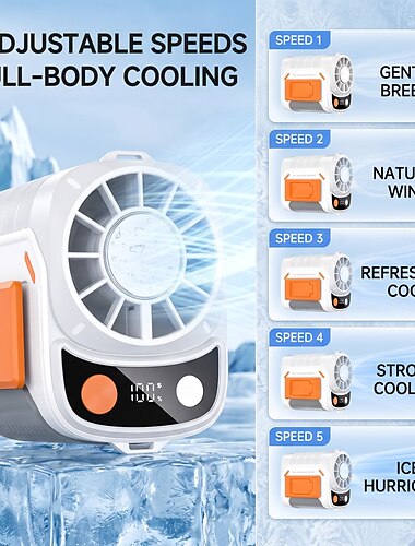  Ventilador portátil de cintura para trabajos al aire libre, ventilador de cinturón con 5 velocidades ajustables. &Pantalla LED, ventilador manos libres recargable por USB, ventilador personal para