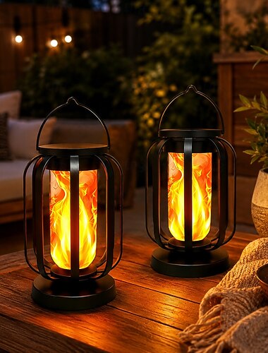  2 Stück LED-Flammenlaternen für den Außenbereich, IP65 wasserdicht, zum Aufhängen und mit Solarfunktion &Wiederaufladbare, flackernde Feuerlichter per USB-Anschluss, tragbare Dekolaternen für