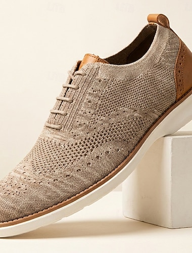  Beige brogue-stickade herrsneakers, snörskor med vardagsskor, andningsbara komfortskor för kontor, resor, vardagsbruk