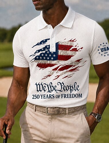  4 luglio 2026 250° Per uomo Bandiera Americana Magliette Polo a Nido d'Ape Manica Corta Magliette polo Camicie con Colletto Casual Abbigliamento da sera Abito da festa Stampa 3D Bottoni Primavera
