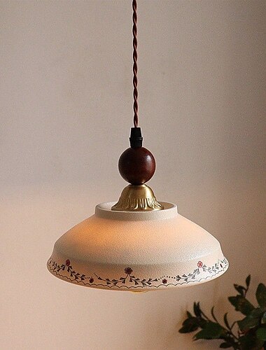  Lámpara colgante de cerámica con diseño floral pintada a mano, plafón de techo con corona de madera estilo Japandi para isla de cocina, 110-240 V.