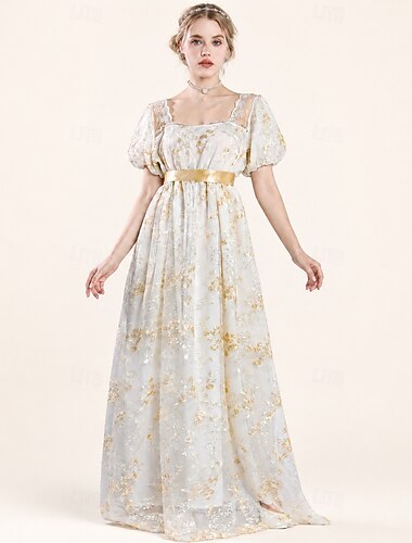  Retro vintage Regency-periode Maxi Empire Taille Jurk Korte mouwen Vriendelijke vrouw Edelvrouw Geborduurd Bloemig Vierkante hals Kostuum Dames Koninklijk Halloween Carnaval Teaparty Renaissance