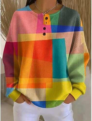  Dames Gestructureerde jassen Trui-sweatshirt Hoodies Geometrisch Basic Casual Print Lange mouw Strakke ronde hals Normale tops Casual blauw Geel Paars Fuchsia Oranje Lente