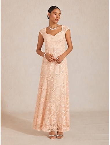  Dame Maxikjole Kappe Kjole Trompet Havfrue Kjole Elegant Bryllupsgæst Cocktailparty Pailletter Blonder Broderi Blomstret Kortærmet V-hals Champagne
