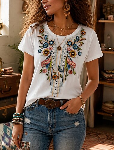  Dames 100% Katoen T-shirt Borduurwerk T-shirt Geborduurd Bloemig Grafisch Planten Vintage Stijlvol Casual Korte mouw Strakke ronde hals Normale tops Casual Dagelijks Weekend Wit Zomer Lente