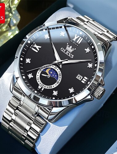  Olevs Herrenuhren, luxuriöse analoge Quarz-Armbanduhr mit Sonnen- und Mondphasenanzeige, wasserdicht, Edelstahl, Leuchtzeiger, Datumsanzeige, Diamanten und römischen Ziffern für Herren