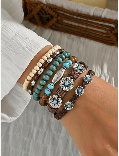  Dames boho 5-delige gelaagde armbandenset, legering &Turquoise stapelarmbanden met houten kralen en leren bloemenmanchet, een ideaal sieraad voor de zomervakantie.