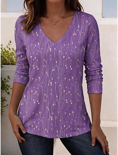  Dames T-shirt Afdrukken Bloemig Grafisch Planten Vintage Casual Boho Lange mouw V-hals Normale tops Casual Dagelijks blauw Geel Blozend Roze Paars Groen Zomer Lente Herfst