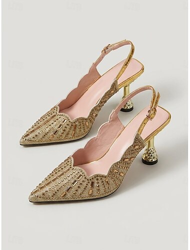  Décolleté da donna con cinturino posteriore e strass dorati, lussuose scarpe con tacco alto a punta, scultoree, perfette per cene serali, cocktail party e matrimoni. &eventi formali