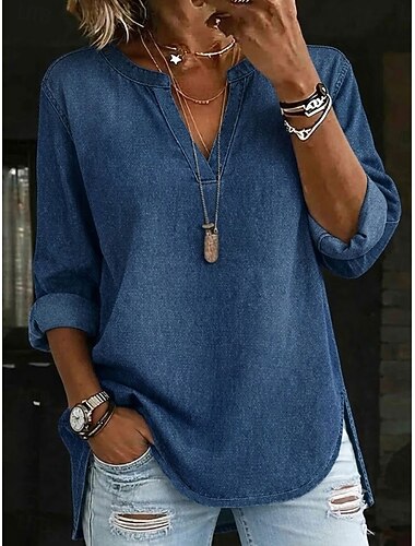  Camisa blusa de mujer estilo denim, jersey de color liso, elegante, vintage, para uso diario, manga 3/4, cuello en V, tops regulares, casual, azul oscuro, primavera