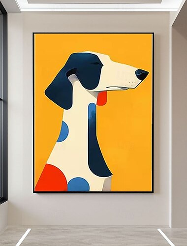  Handgemaltes, farbenfrohes Hundebild im originellen, minimalistischen Stil der Mid-Century-Moderne mit Tiermotiven – moderne abstrakte Tierkunst mit weißem Hund.