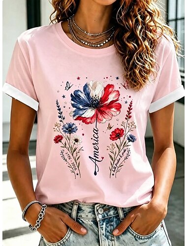  Amerikaanse onafhankelijkheidsdag Dames T-shirt Afdrukken Grafisch Amerikaanse vlag Vintage Modieus Casual Korte mouw Strakke ronde hals Normale tops Casual Dagelijks Weekend Licht beige Blozend Roze