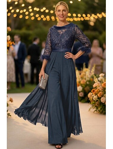  Byxor Golvlång Klänning till brudens mor Halvlång ärm Prydd med juveler Elegant Vintage Bröllopsgäst Kyrka Chiffong med Fjäder Paljett Applikationsbroderi