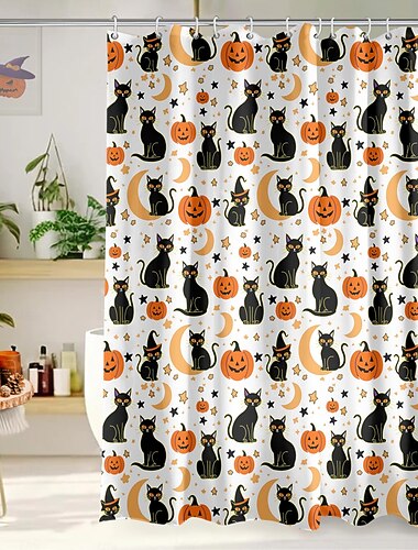  Vrolijk Halloween douchegordijn met schattige cartoonpompoen, griezelige spookjes, oranje pompoenhoofdjes, grappige zwarte kat, spinnenweb, schedel, skelet, heksenhoed, stoffen badgordijnset met